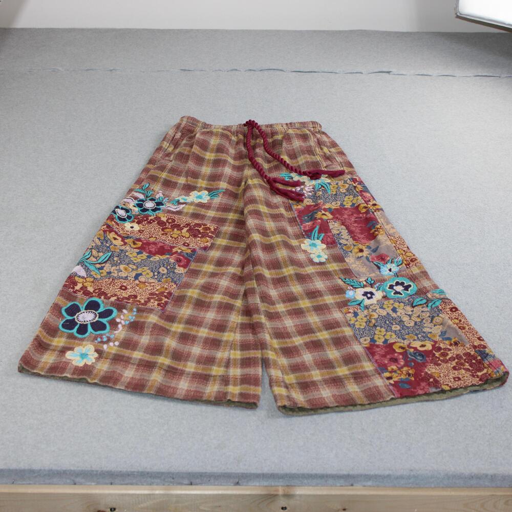 Free People Pants Women Small Plaid Patchwork Wide Leg Crop Boho Embroidered
